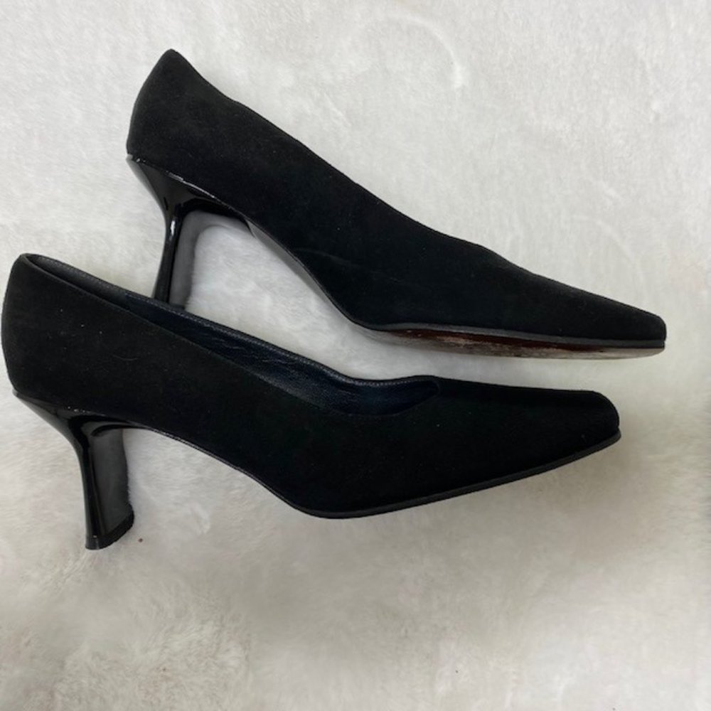 90's Stuart Weitzman Square Toe Black Suede‎ Pumps w/Black Lucite Plastic Heels